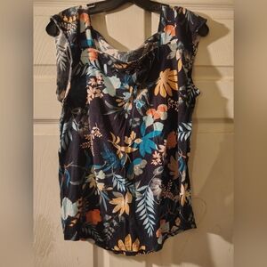 LOFT Navy Floral Cap-Sleeve Blouse with Teal & Coral Accents